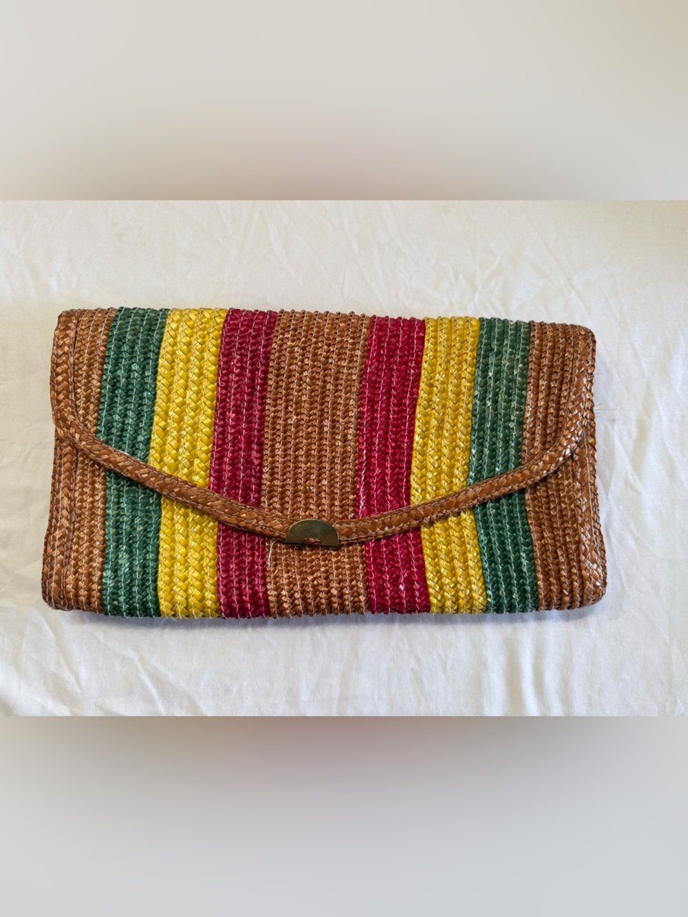 Striped Woven Straw Clutch in Brown, Green, Yellow & Pink